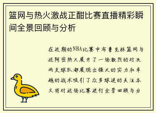 篮网与热火激战正酣比赛直播精彩瞬间全景回顾与分析